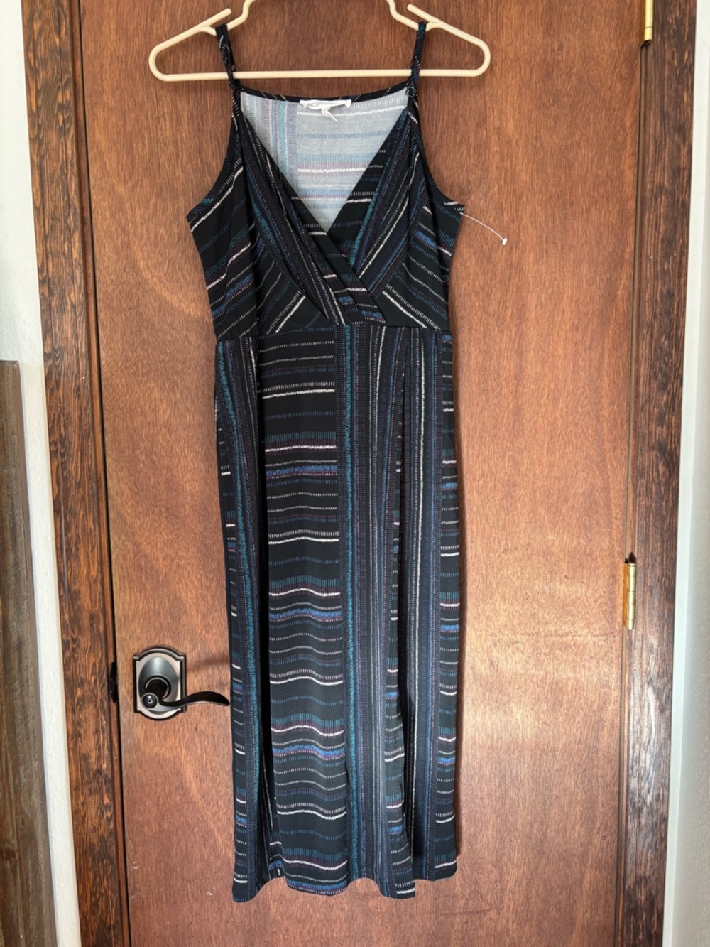 BCBGeneration Black Striped Midi Dress with Subtle Multi-Colored Accents
